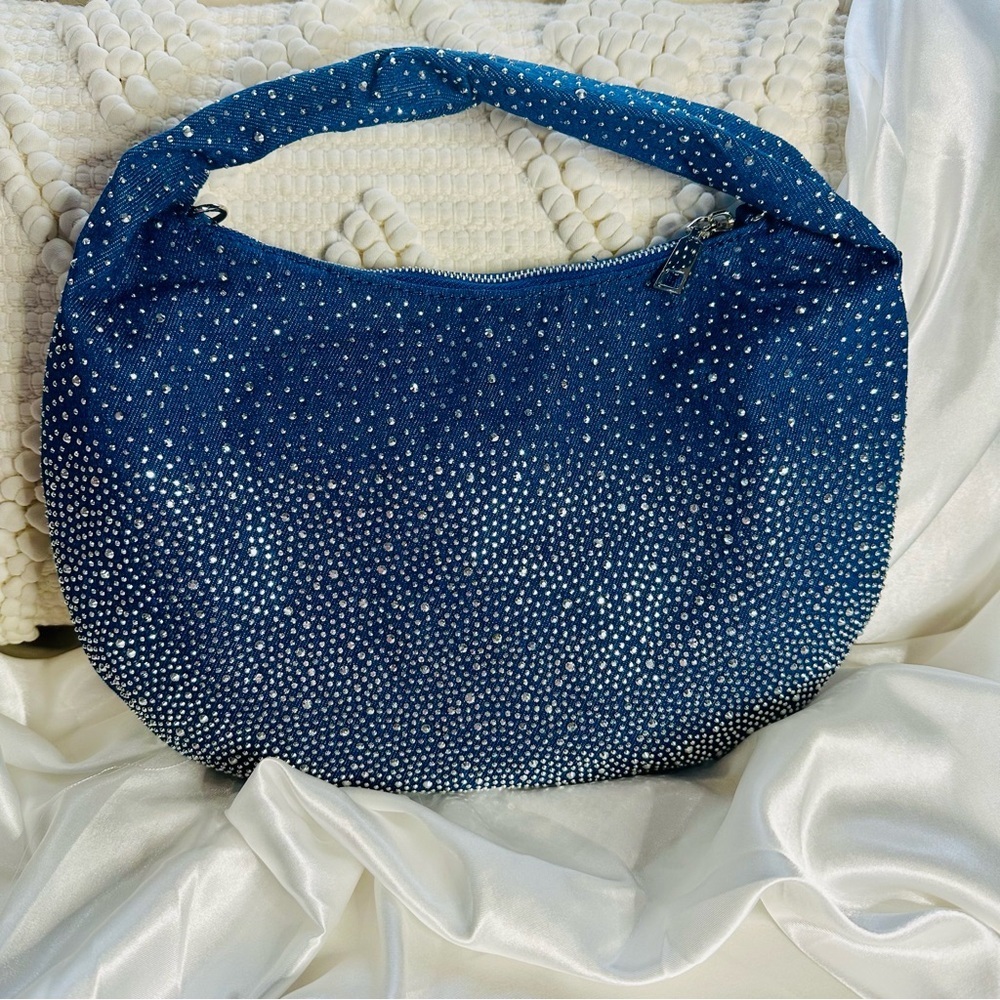 Rhinestone Denim Hobo Shoulder Bag – Sparkle Crossbody Purse Y2K NWT - Picture 7 of 11